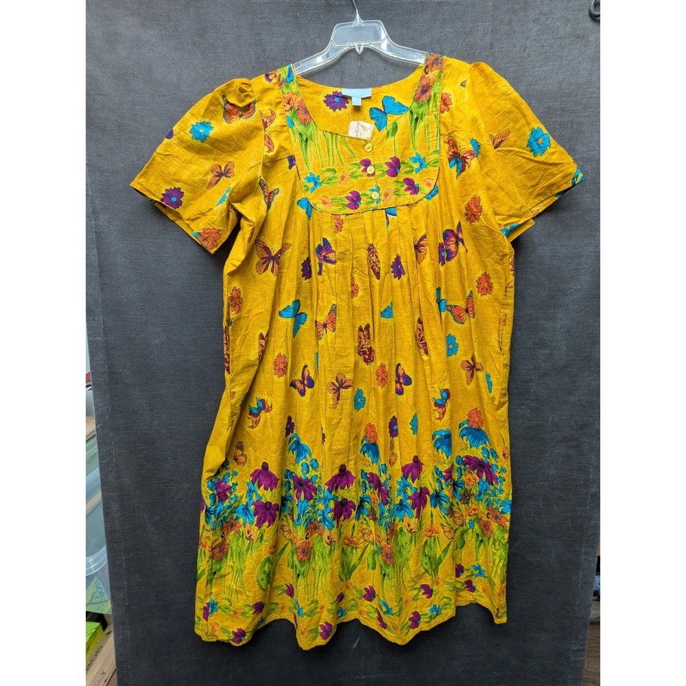 Only Necessities Muumuu House Dress 2X Yellow Floral Butterflies Maxi Dress NWT